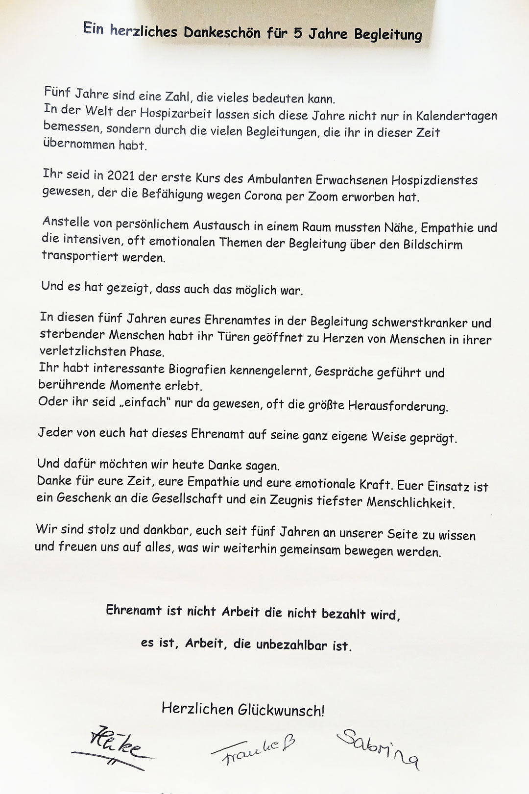 Jubilaeum Dankschrieben